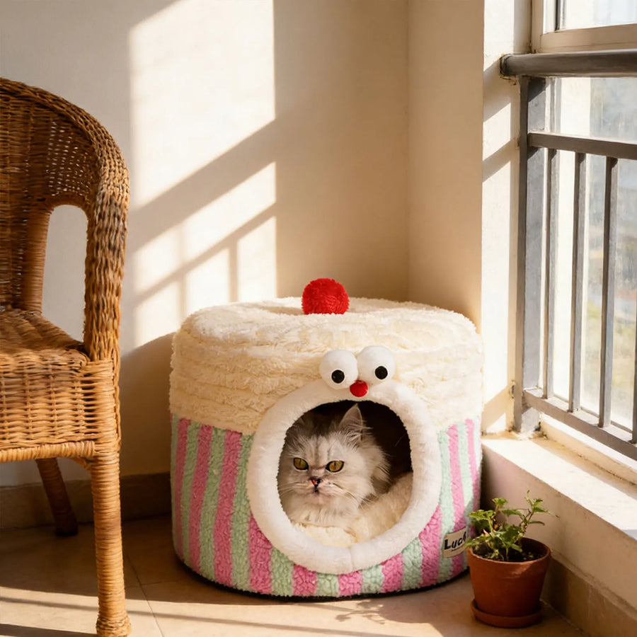 1 Pc Cat house with Removable Cushion Pillow All Season Enclosed Striped Cake Shaped Safe Cat House for Pets Cat Keeping Warm
