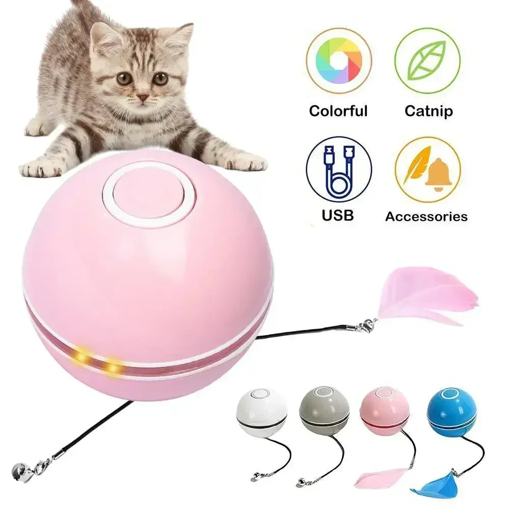 Automatic Cat Interactive Ball Smart Cat Catnip Toys with Feather Bell USB Rechargeable Self Rotating Led Pet Toy for Kitten