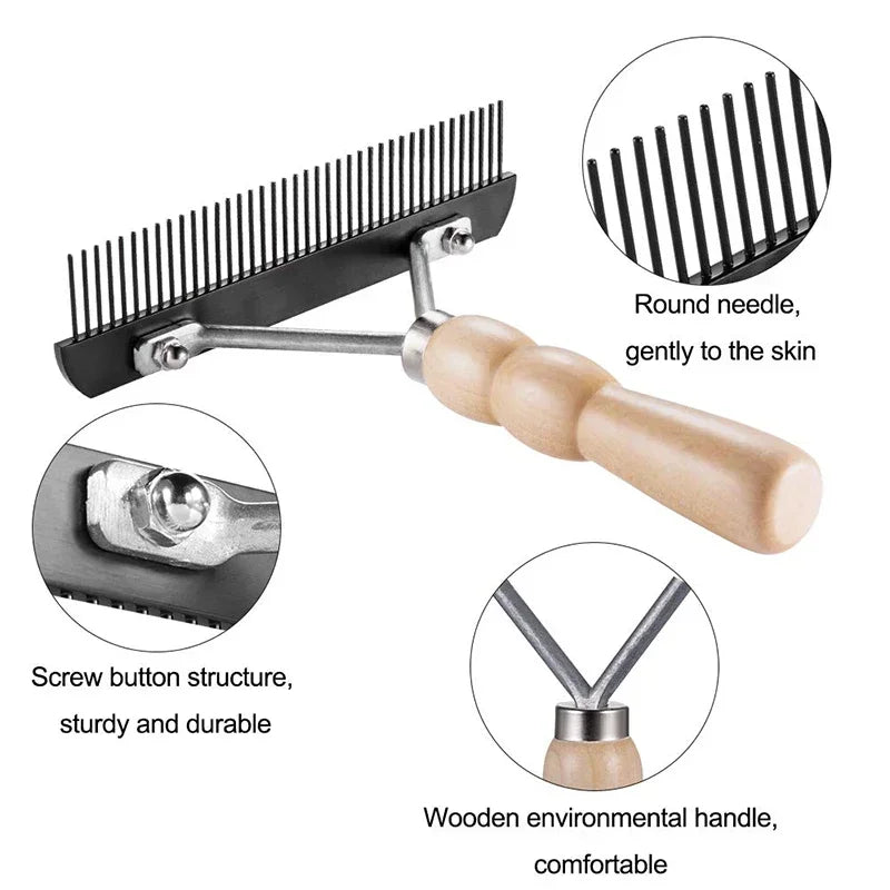 Dog Comb Grooming Rake Long Tooth Steel Comb Wood Handle Pet Dehedding Tools Grip Comfortable Antirust Clean Brush