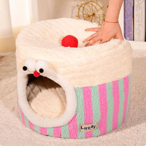 1 Pc Cat house with Removable Cushion Pillow All Season Enclosed Striped Cake Shaped Safe Cat House for Pets Cat Keeping Warm