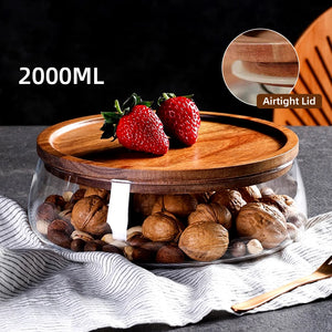 Glass Food Storage Container with Wooden Lid Multi Compartment Snack Fruit Organizer Kitchen Living Room Desktop Serving Tray