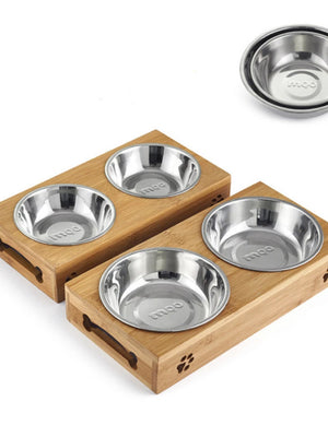Pet Dog Cat Bowl  Bamboo Wooden Table Into A Kitten Skid Resistant Double Bowl Small Dog Food Bowl