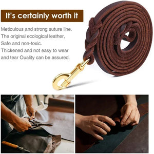 Dog Leash Long Genuine Leather Dogs Leashes Braided Pet Walking Training Leads Brown Color For Medium Large Dog Strong Heavy Pet