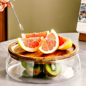 Glass Food Storage Container with Wooden Lid Multi Compartment Snack Fruit Organizer Kitchen Living Room Desktop Serving Tray