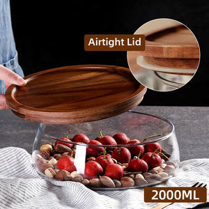 Glass Food Storage Container with Wooden Lid Multi Compartment Snack Fruit Organizer Kitchen Living Room Desktop Serving Tray