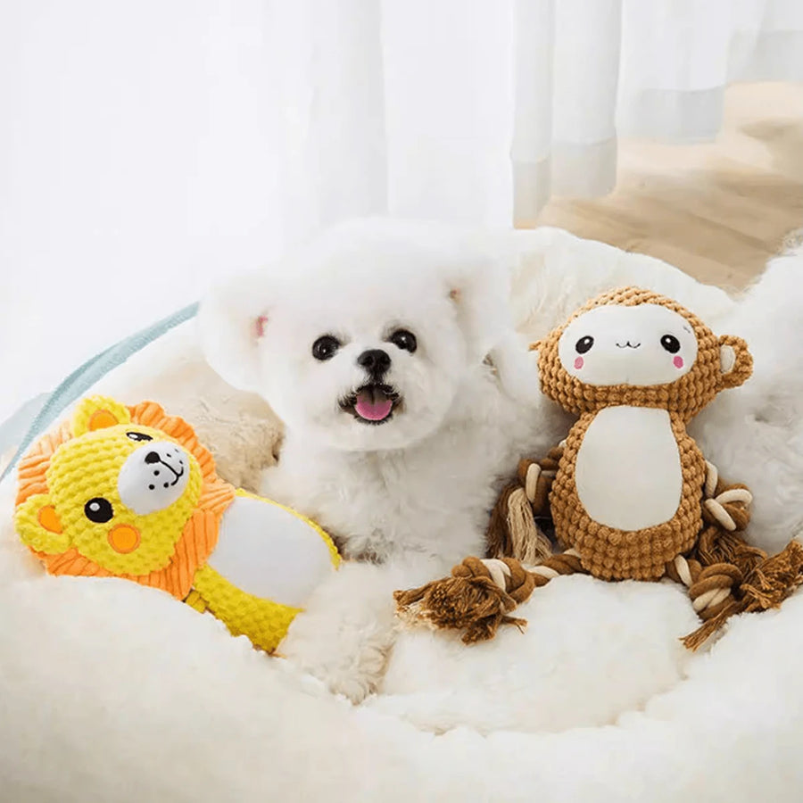 Dog Sound-Making Chew Toy, Durable Plush + Rope Design (Cleans Teeth/Prevents Boredom), Suitable for Small, Medium, and Large Dogs, Includes Monkey and Lion Models