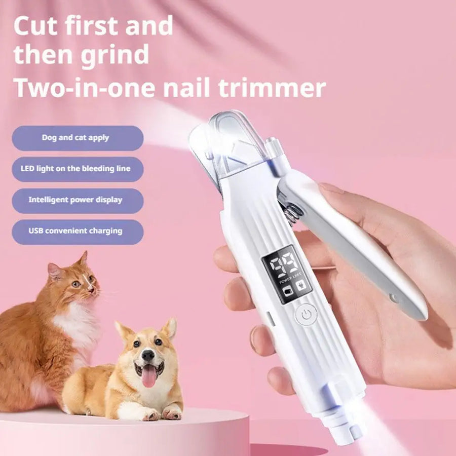 Electric Pet Nail Clipper 2 in 1 Trimmer Grinder with LED Light Quiet Rechargeable Type C for Cats Dogs Low Noise Safe Nail Care
