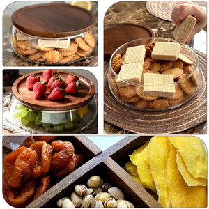 Glass Food Storage Container with Wooden Lid Multi Compartment Snack Fruit Organizer Kitchen Living Room Desktop Serving Tray
