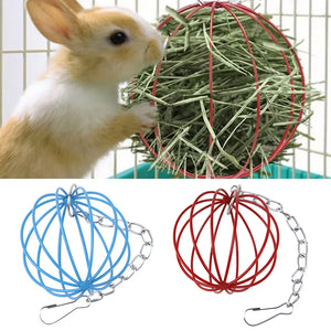 Pet Rabbit Hay Manger Food Feeder Small Metal Hamster Pet Hanging Grass Ball Rack Long Chain Round Rabbit Grass Feeding Balls