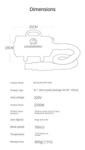 Professional Power Hair Dryer for Dogs, Negative Ion Animal Hair Dryer, Silent, High Velocity, Pet Dog, 2200W