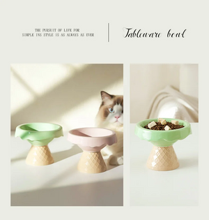 Ceramic cat bowl, pet bowl, ice cream bowl, high-legged, slanted neck protection, anti-knockover cat food bowl, drinking water