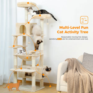 Multi-Level Large Cat Tree Sisal-Covered Scratching Posts &Board, Hammock, Cat Condo, Spacious Top Perch,Dangling Ball Cats Toys