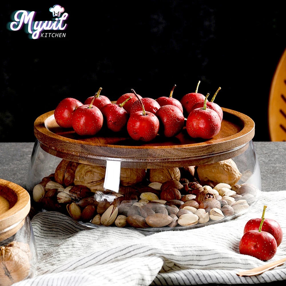 Glass Food Storage Container with Wooden Lid Multi Compartment Snack Fruit Organizer Kitchen Living Room Desktop Serving Tray