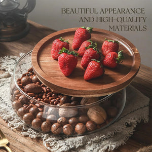 Glass Food Storage Container with Wooden Lid Multi Compartment Snack Fruit Organizer Kitchen Living Room Desktop Serving Tray