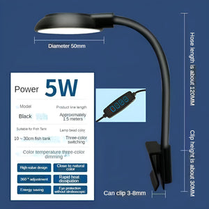 Fish Tank Clip Light, Color Changing and Dimming, USB Interface, Landscaping, Blue white light switching Brightening