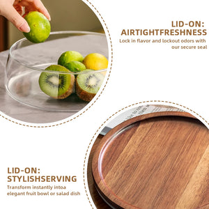 Glass Food Storage Container with Wooden Lid Multi Compartment Snack Fruit Organizer Kitchen Living Room Desktop Serving Tray