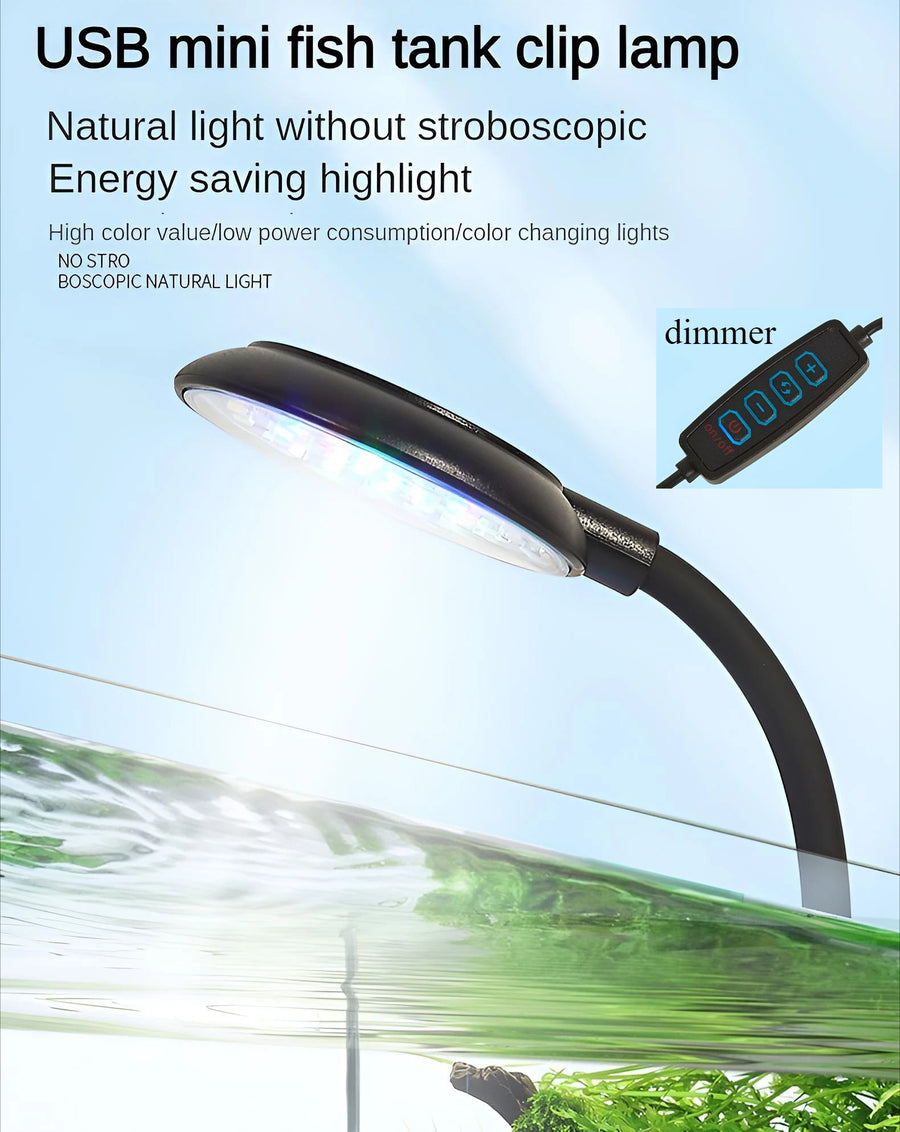 Fish Tank Clip Light, Color Changing and Dimming, USB Interface, Landscaping, Blue white light switching Brightening