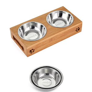 Pet Dog Cat Bowl  Bamboo Wooden Table Into A Kitten Skid Resistant Double Bowl Small Dog Food Bowl