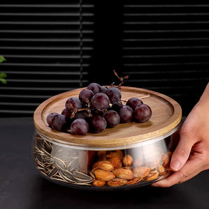 Glass Food Storage Container with Wooden Lid Multi Compartment Snack Fruit Organizer Kitchen Living Room Desktop Serving Tray