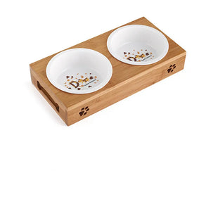 Pet Dog Cat Bowl  Bamboo Wooden Table Into A Kitten Skid Resistant Double Bowl Small Dog Food Bowl