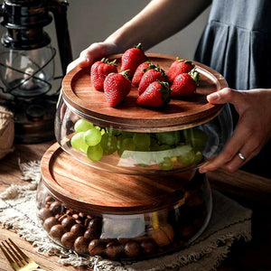 Glass Food Storage Container with Wooden Lid Multi Compartment Snack Fruit Organizer Kitchen Living Room Desktop Serving Tray