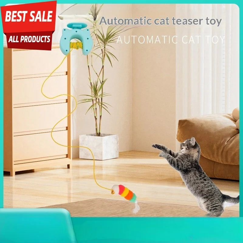 Electric Cat Toy Automatic Up and Down Interactive Wand with Bell Feathers Hanging Self Play Entertainment Boredom Relief Fun