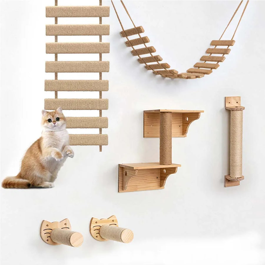 Cat Climbing Frame Bridge Cat Ladder Sisal Rope Wooden Cat Tree Tower Use for Cage Climber Scratching Post Pet Furniture Toys