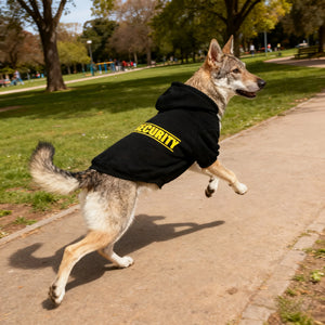 Pet Hoodie for Medium To Large Dogs | Classic Black with Yellow SECURITY Print, Fleece-Lined for Warmth and Breathability
