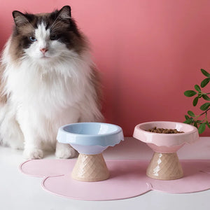 Ceramic cat bowl, pet bowl, ice cream bowl, high-legged, slanted neck protection, anti-knockover cat food bowl, drinking water