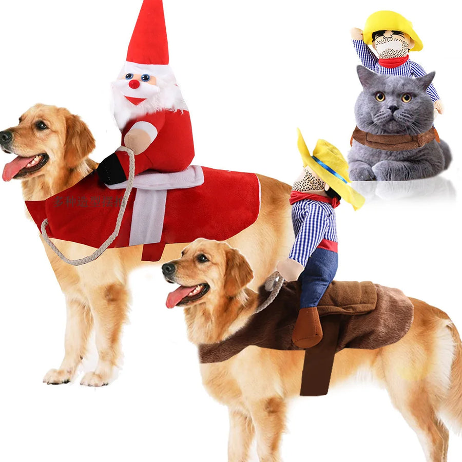 Dog Funny Clothes Cat Horseback Riding Costumes Santa Claus Dog Clothes Funny Cats Halloween Cosplay Transformation Costumes