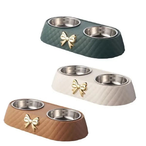 1PC Pet Pet Dog and Cat Food Bowls Bowtie Dog Food Drinking Double Bowl Pet Supplies