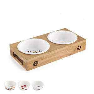 Pet Dog Cat Bowl  Bamboo Wooden Table Into A Kitten Skid Resistant Double Bowl Small Dog Food Bowl
