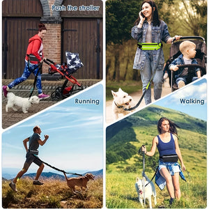 Hands-Free Dog Leash, Waist Bag with Pouch. Padded Handle & Bungee Rope for Walking, Running, Jogging.