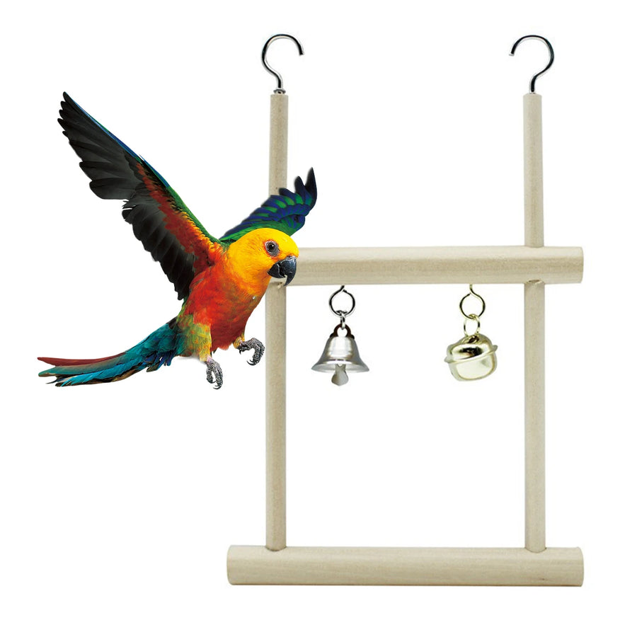 Natural Wood Bird Swing Toy With Bells For Parrot Budgie Parakeet Cockatiel Conure Lovebird Finch Canary Cockatoo African Grey