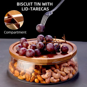 Glass Food Storage Container with Wooden Lid Multi Compartment Snack Fruit Organizer Kitchen Living Room Desktop Serving Tray