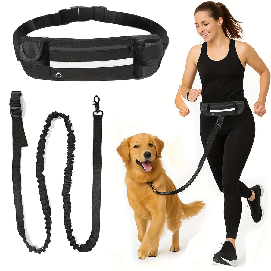 Hands-Free Dog Leash, Waist Bag with Pouch. Padded Handle & Bungee Rope for Walking, Running, Jogging.