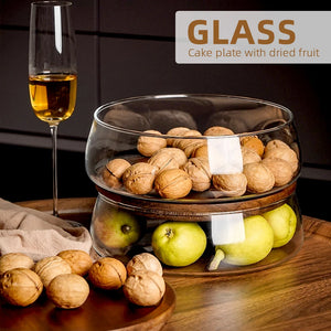 Glass Food Storage Container with Wooden Lid Multi Compartment Snack Fruit Organizer Kitchen Living Room Desktop Serving Tray