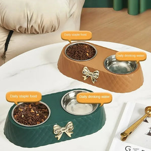 1PC Pet Pet Dog and Cat Food Bowls Bowtie Dog Food Drinking Double Bowl Pet Supplies