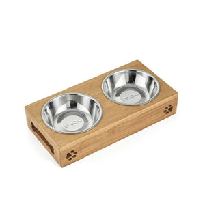 Pet Dog Cat Bowl  Bamboo Wooden Table Into A Kitten Skid Resistant Double Bowl Small Dog Food Bowl
